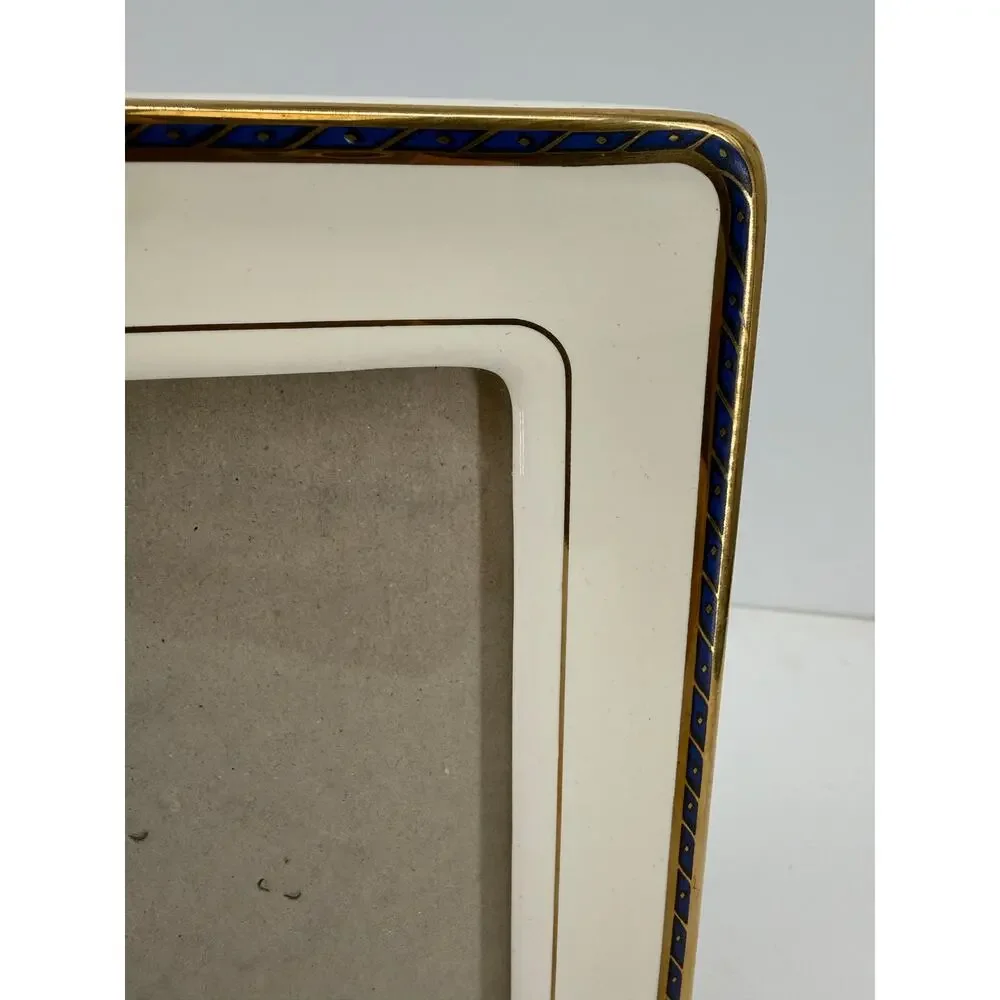 Ceramic Picture Frame 5x7 Ivory Blue Gold Trim Elegant Traditional Tabletop
